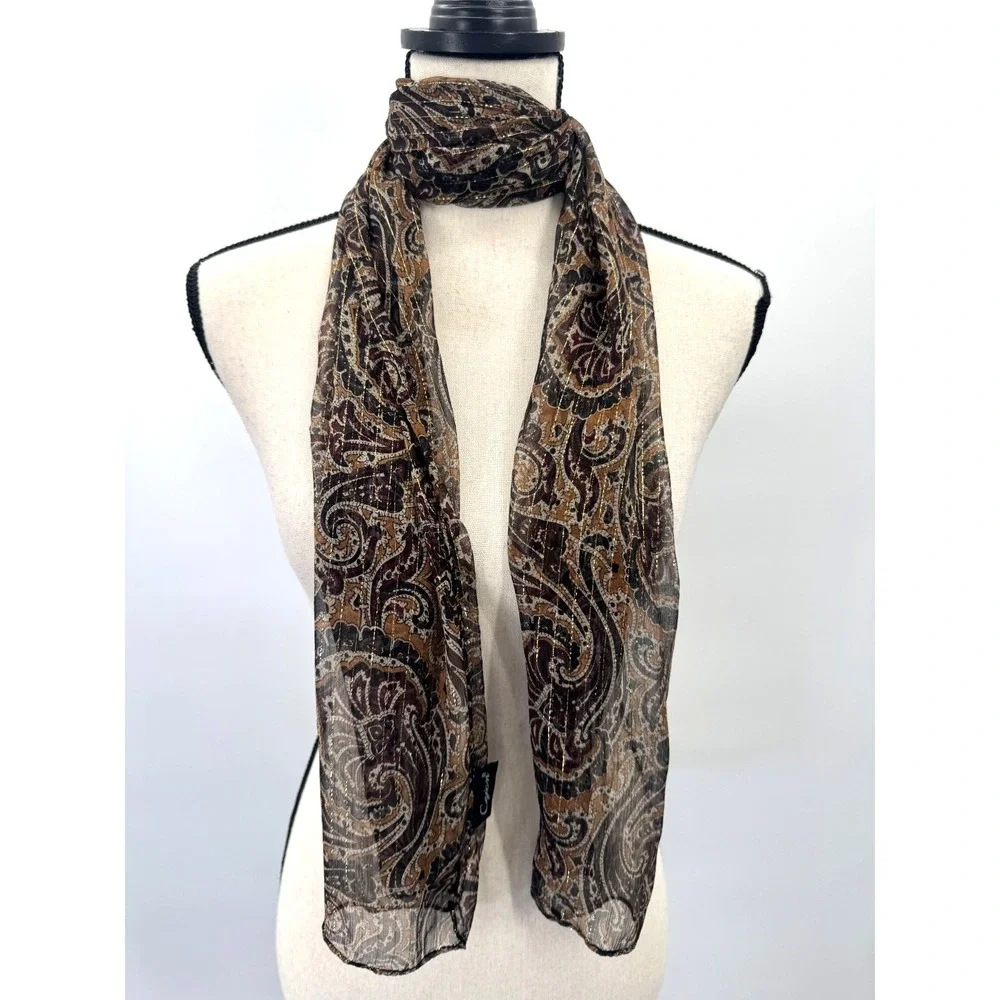 Cejon Brown Gold Silk Paisley Scarf Wrap Boho Earthy Lightweight Sheer Shawl